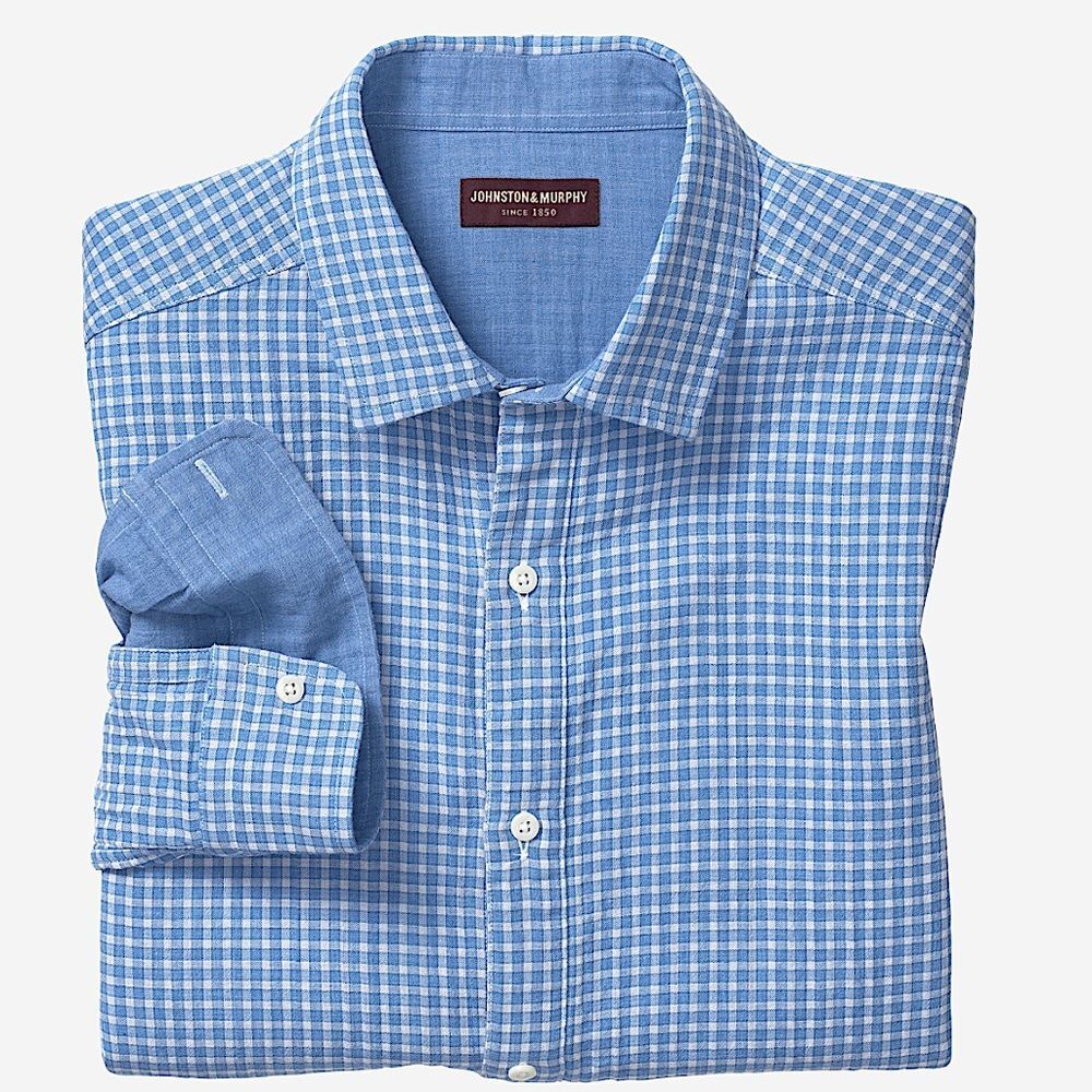 Johnston & Murphy Double Layered Cotton Button Down Shirt Blue Yarn Dyed Plaid S